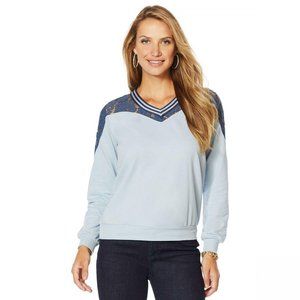 NWT French Terry Top With Lace Yoke Small Blue
